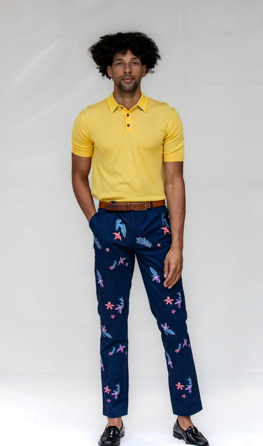 CHARLES FLOWER EMBROIDERY PANT - NAVY