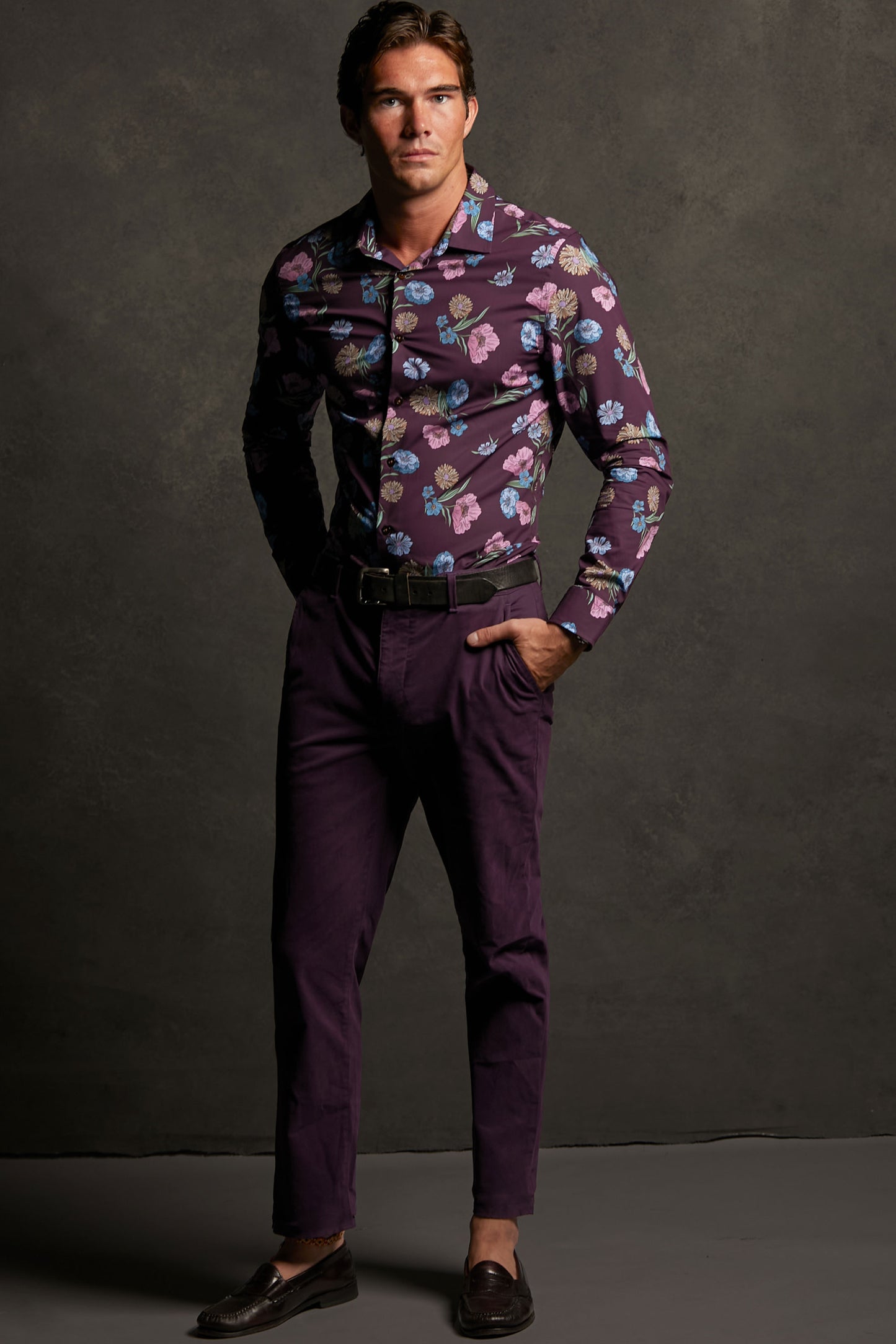 NIGEL SPACED FLORAL SHIRT - PLUM