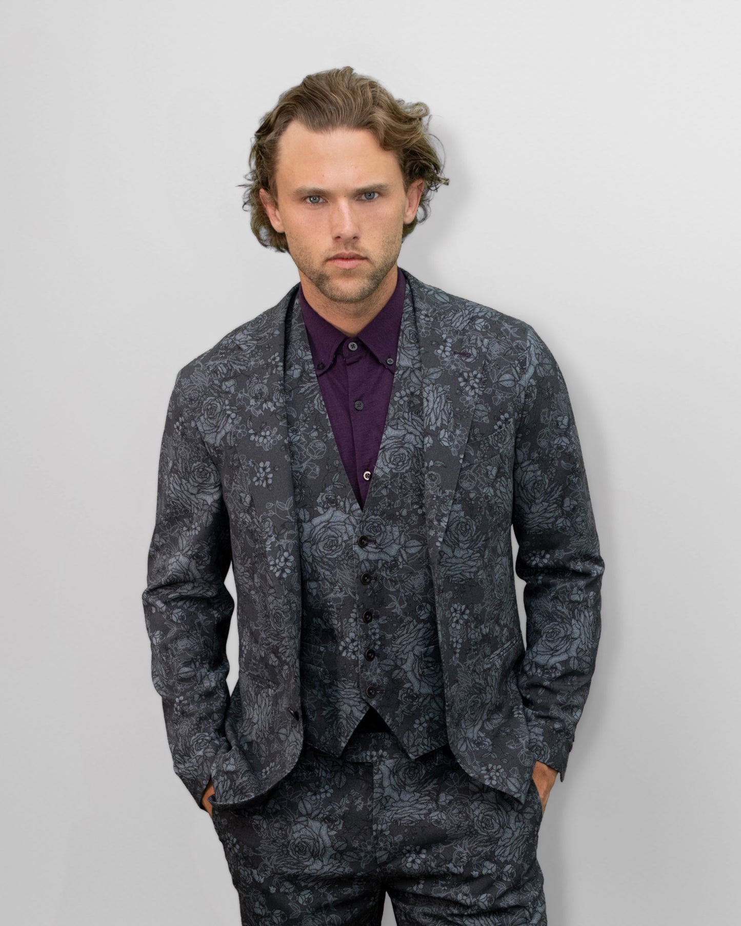JUDD FULLY LINED ROMA FLORAL TAILORED WOOL BLAZER - CHARCOAL