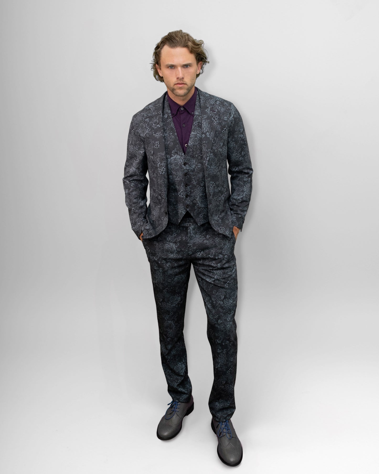 JUDD FULLY LINED ROMA FLORAL TAILORED WOOL BLAZER - CHARCOAL