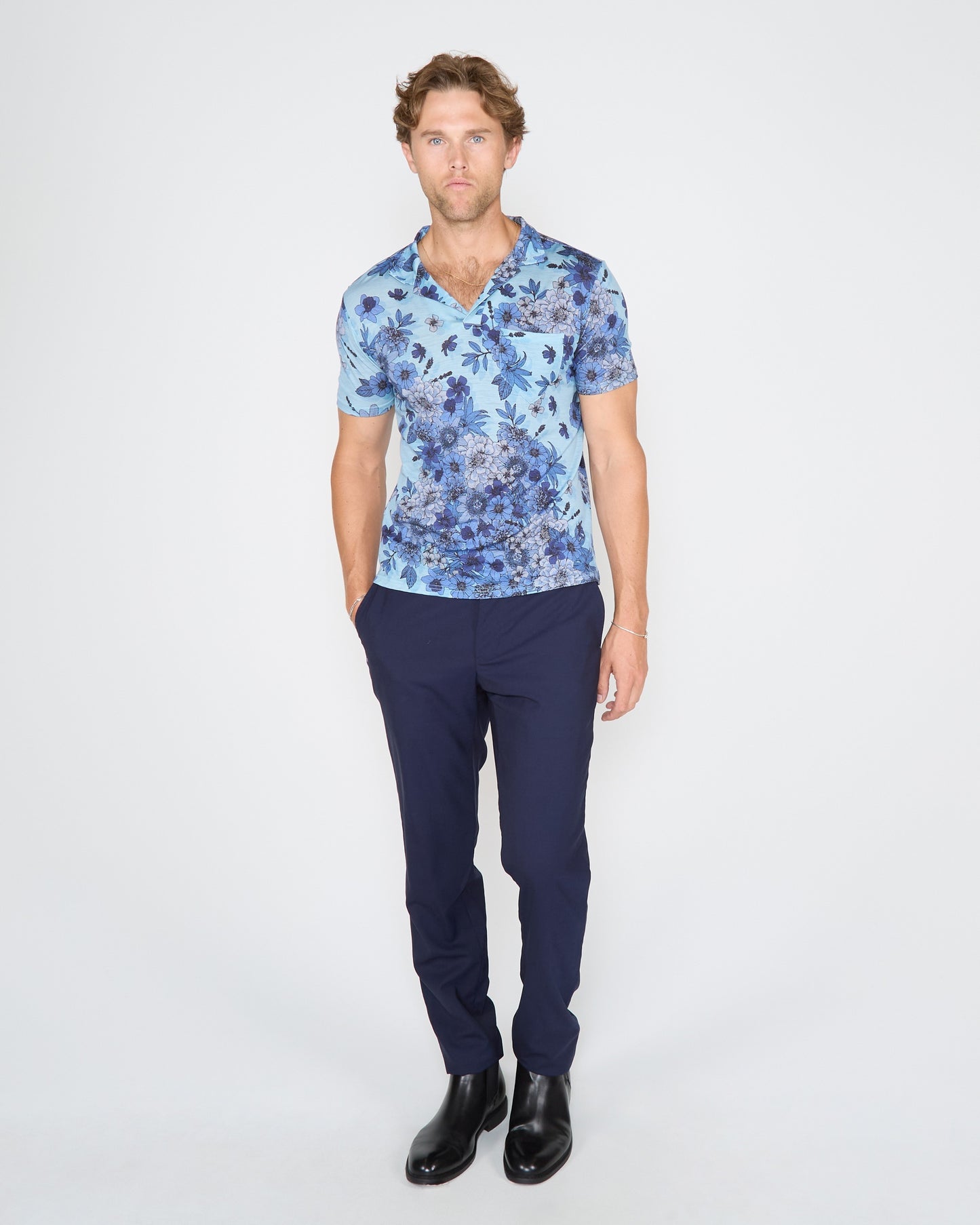 BOBBY VALENCIA FLORAL MERINO JERSEY COLLARED SHIRT TEAL