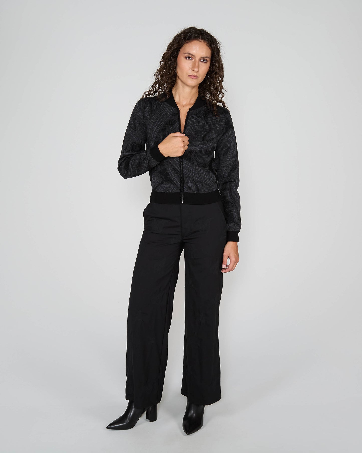 SUSAN ZIP-UP JACQUARD SWEATER - BADALONA CHARCOAL