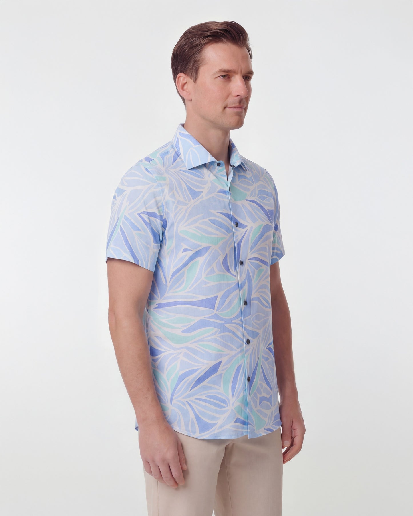 LANDON SIMPLE LEAVES LINEN SHIRT - BLUE