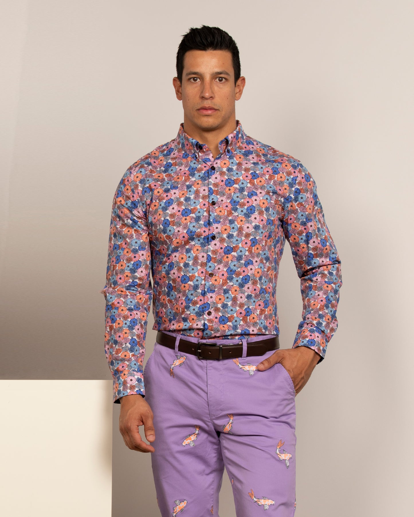 Mitchell Flowerbead Coral Blue Shirt