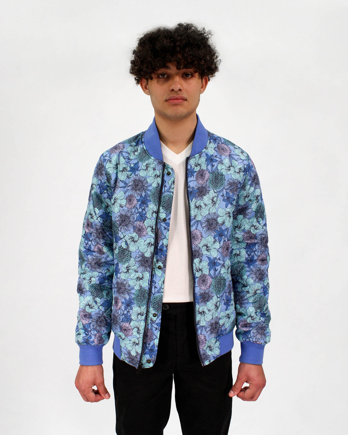 RON HIBISCUS GARDEN REVERSIBLE BOMBER JACKET IN NAVY