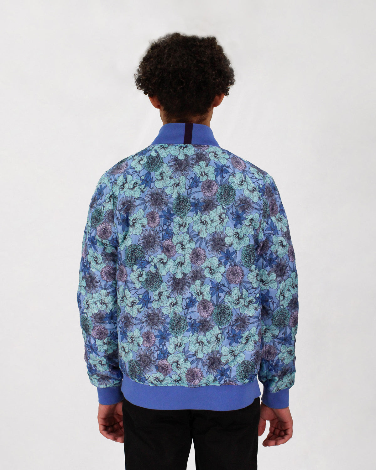 RON HIBISCUS GARDEN REVERSIBLE BOMBER JACKET IN NAVY