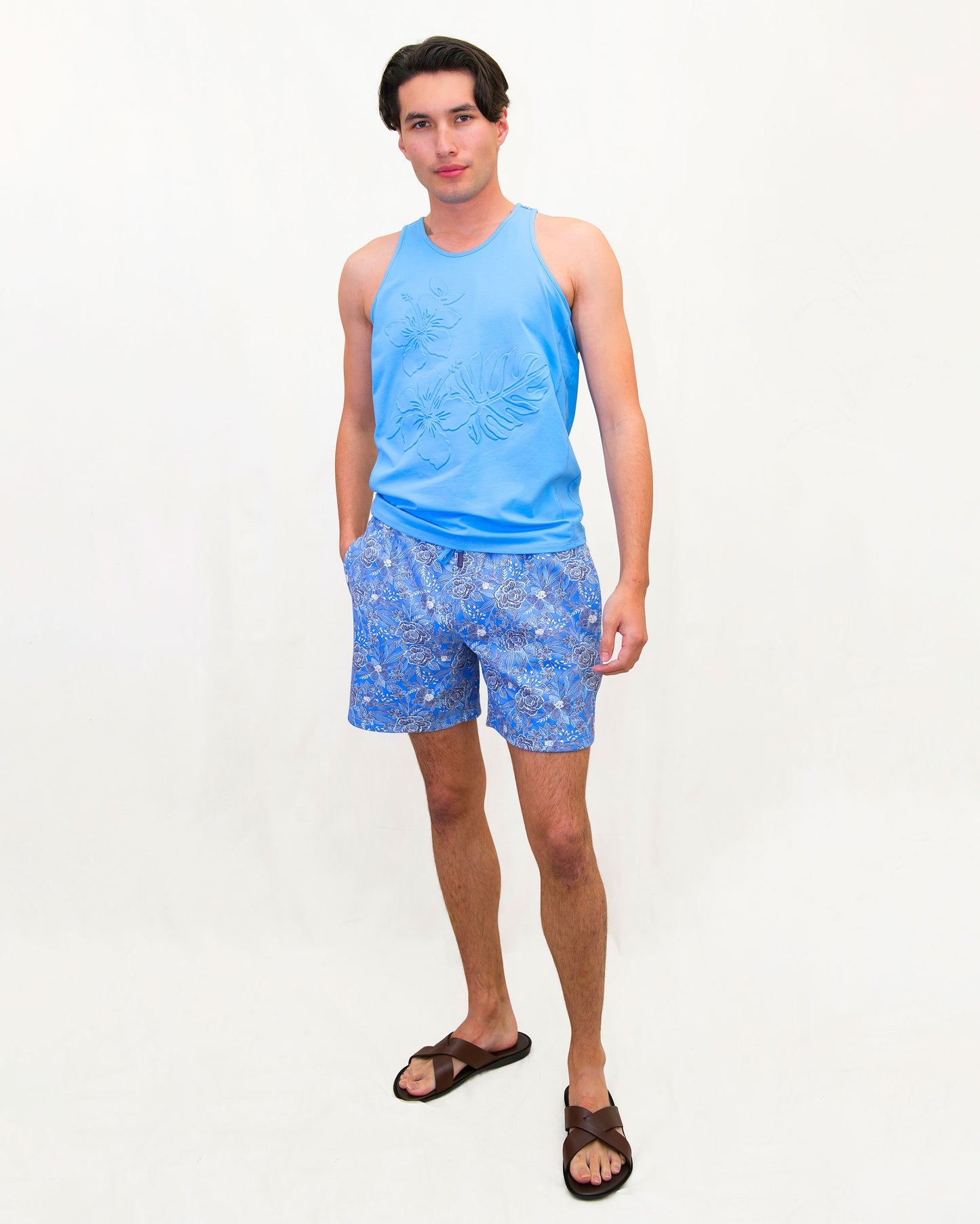 SILUS HANDCUT FLORAL INTERLOCK SHORTS - BLUE