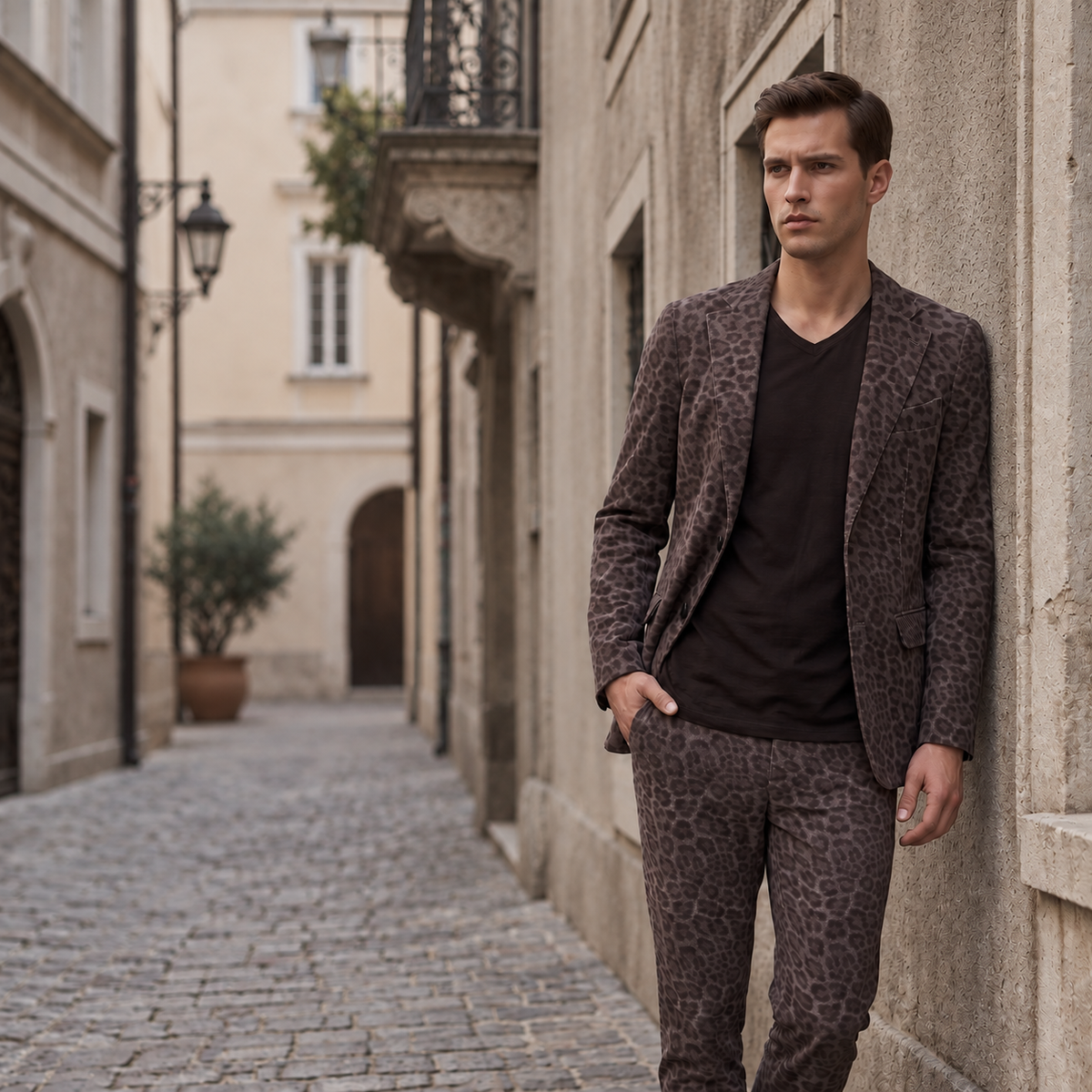 A man in the Lords of Harlech Jordan velvet blazer and Clifford velvet pant in leopard brownie on a cobbled street