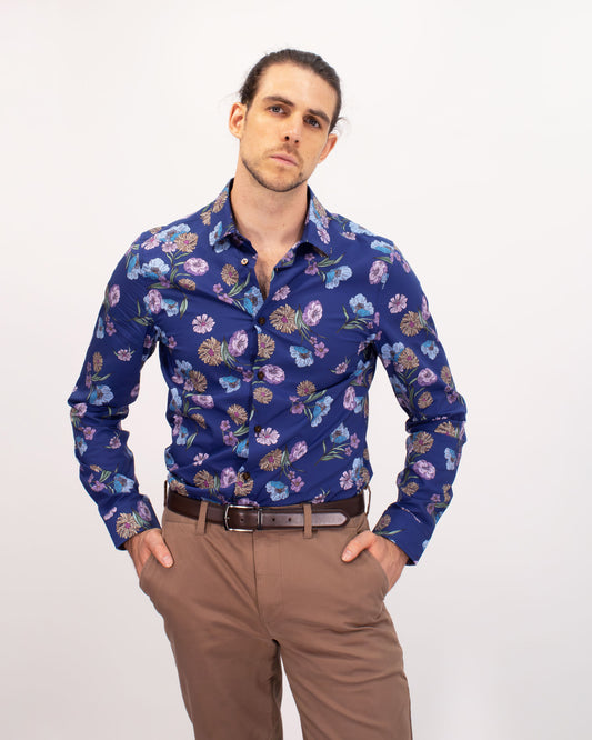 NIGEL SPACED FLORAL SHIRT - NAVY