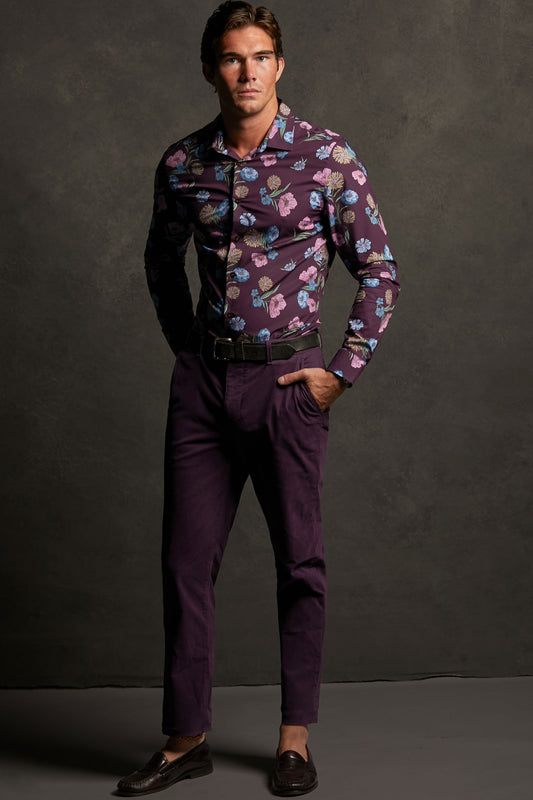 NIGEL SPACED FLORAL SHIRT - PLUM