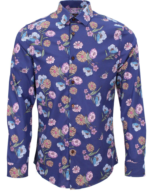 NIGEL SPACED FLORAL SHIRT - NAVY