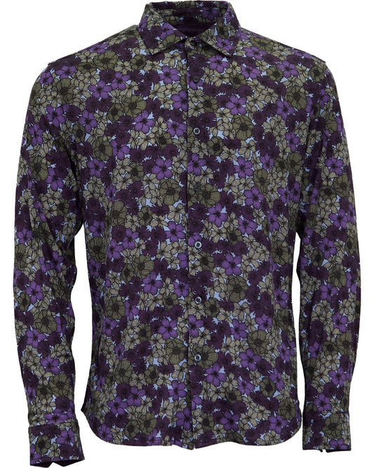 SHERLOCK DENSE FLORAL TAILORED MERINO SHIRT - OLIVE