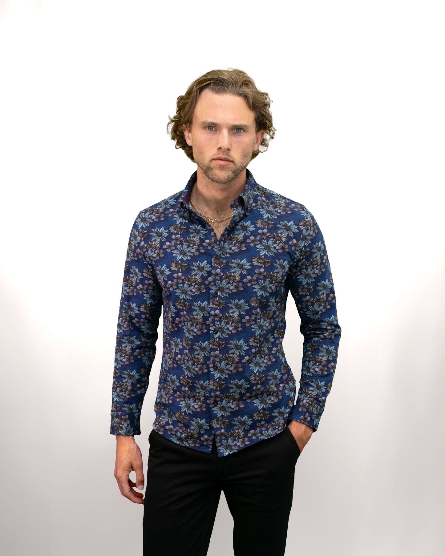 SAWYER ITALIAN FLORAL KNIT SHIRT - NAVY