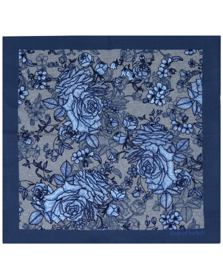 HUDSON ROMA FLORAL MERINO HANDKERCHIEF  POCKET SQUARE - FLANNEL