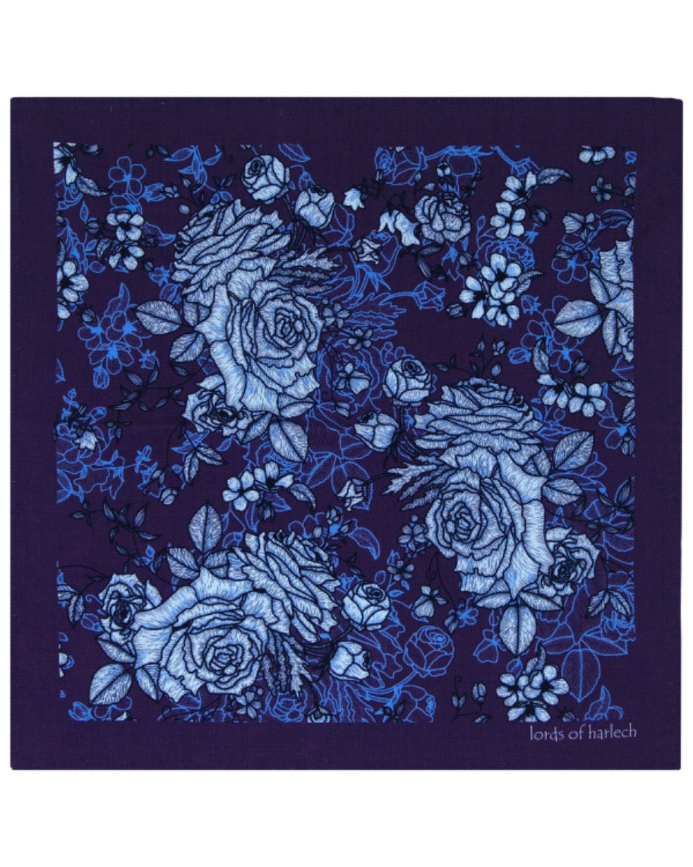 HUDSON ROMA FLORAL MERINO HANDKERCHIEF  POCKET SQUARE - PLUM