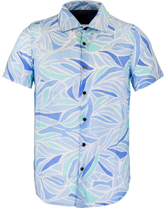 LANDON SIMPLE LEAVES LINEN SHIRT - BLUE