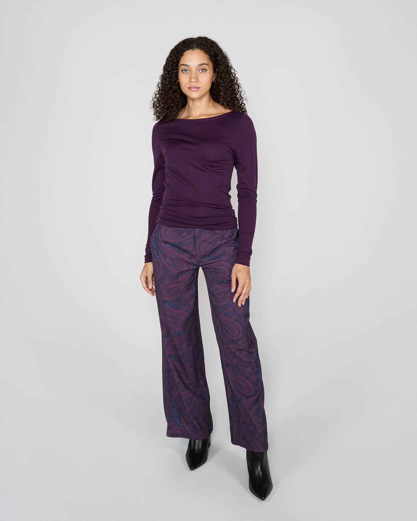 CARLY MERINO LONG SLEEVE CREWNECK SHIRT - PLUM