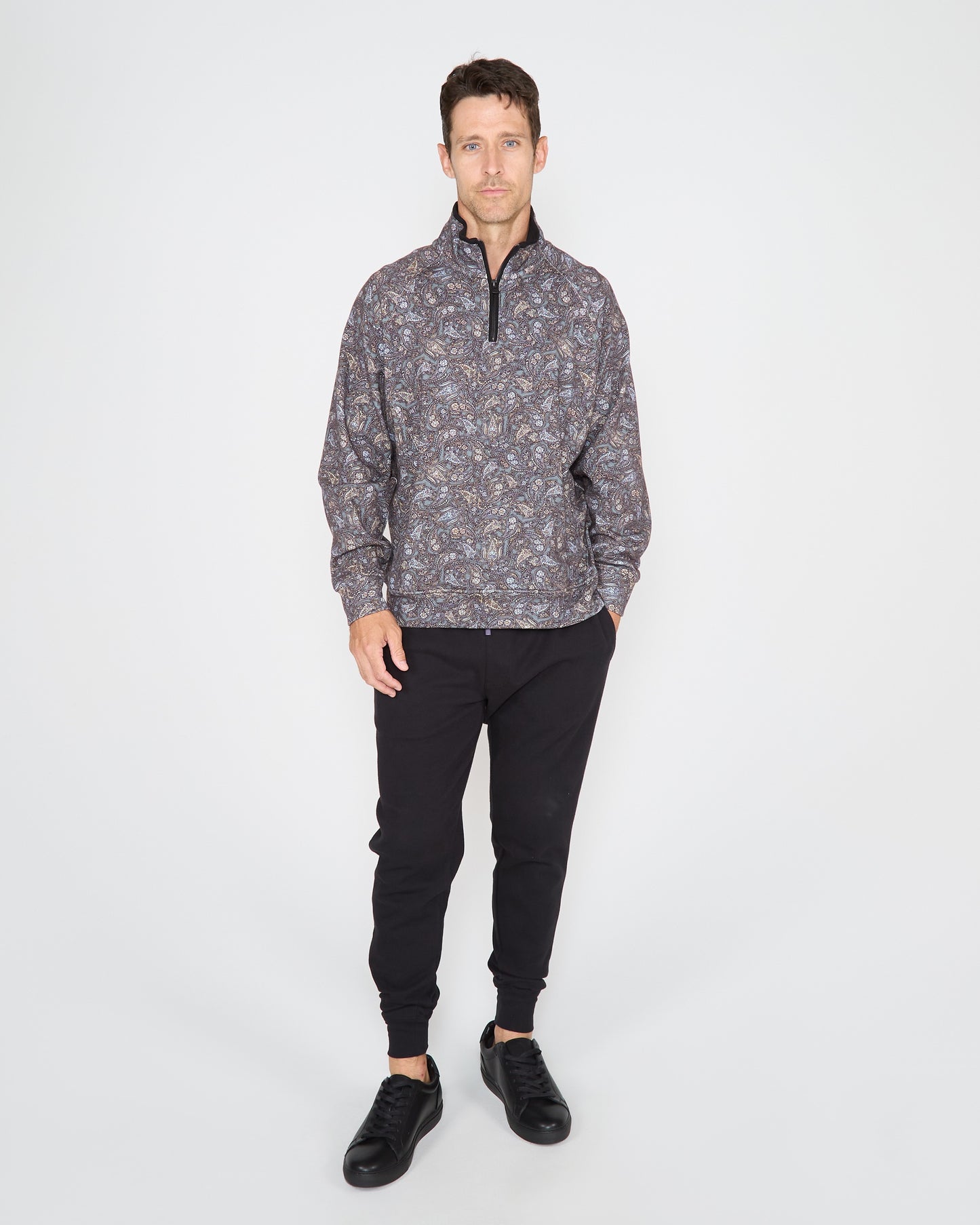 CRAIG MADRID PAISLEY QUARTER-ZIP SWEATER - SMOKE