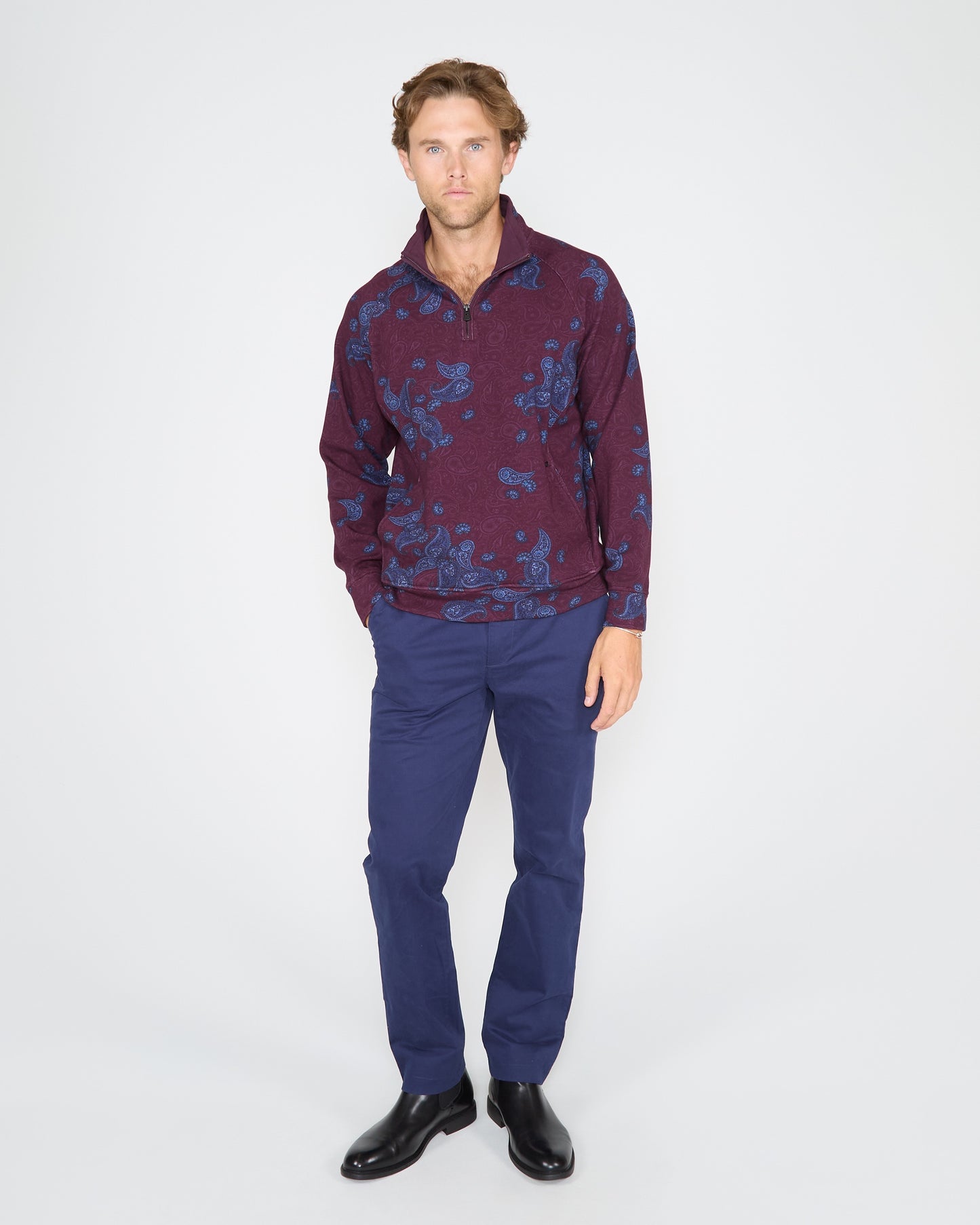 CRAIG MONTGAT PAISLEY QUARTER-ZIP SWEATER - PLUM
