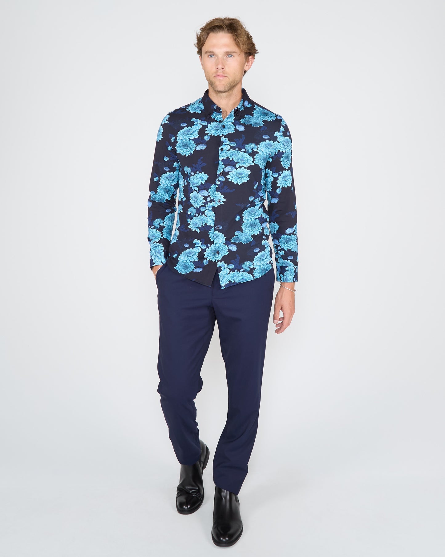 SAWYER SERIOUS FLORAL KNIT SHIRT - NAVY