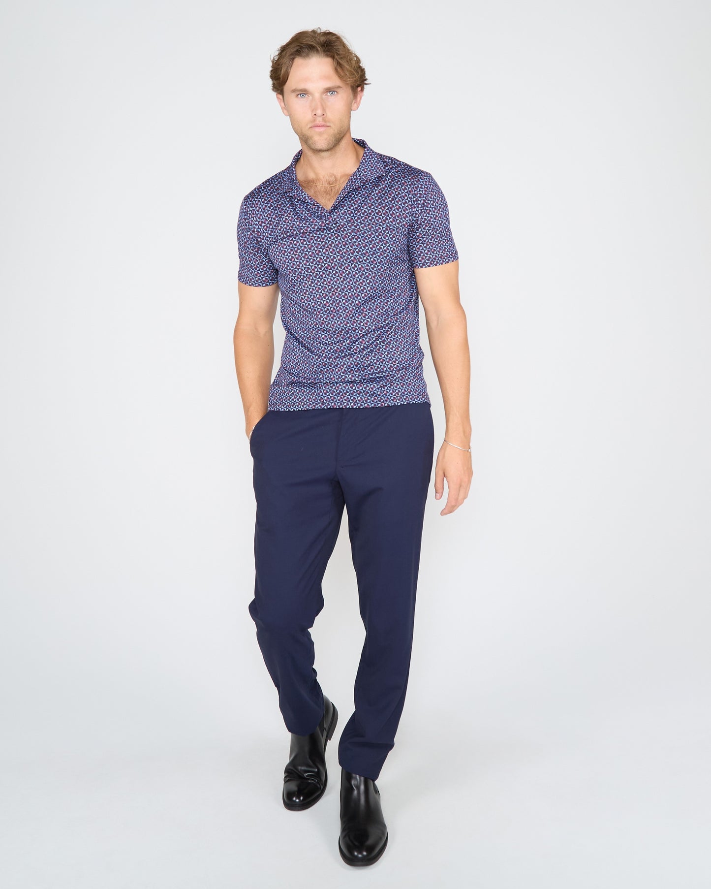 BOBBY CITY GEO MERINO JERSEY COLLARED SHIRT - PLUM