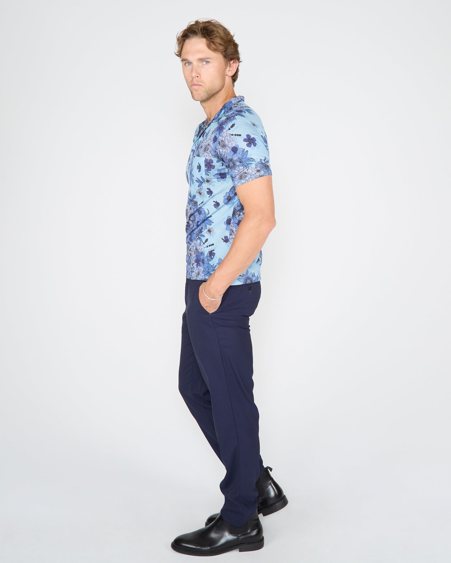 BOBBY VALENCIA FLORAL MERINO JERSEY COLLARED SHIRT TEAL