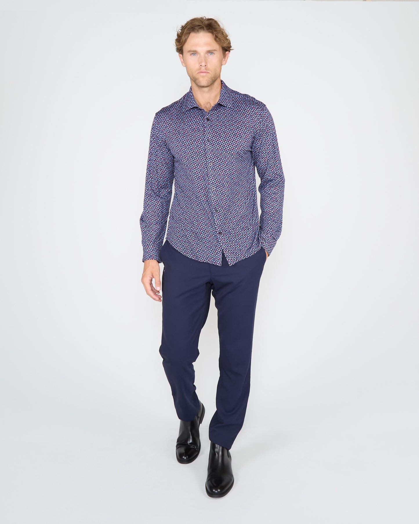 SHERLOCK CITY GEO TAILORED MERINO SHIRT - PLUM