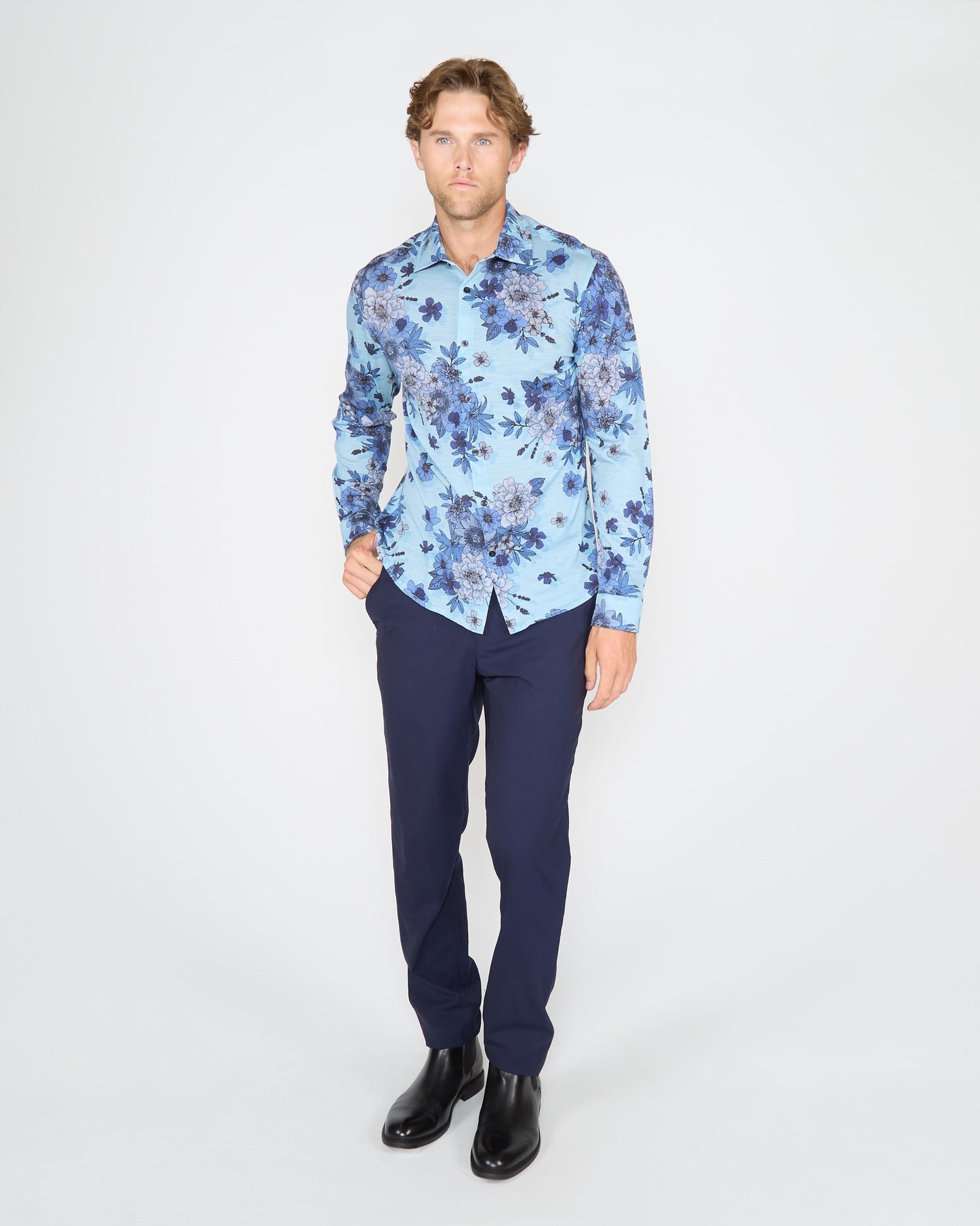 SHERLOCK VALENCIA FLORAL TAILORED MERINO SHIRT - TEAL