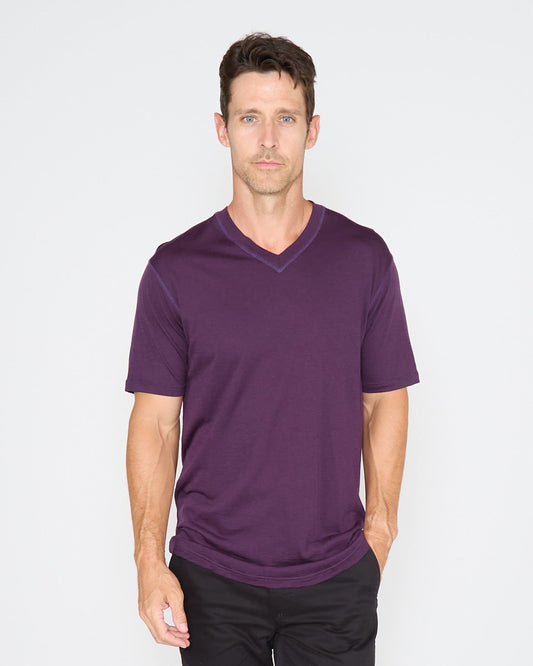 VICTOR MERINO V-NECK TEE - PLUM
