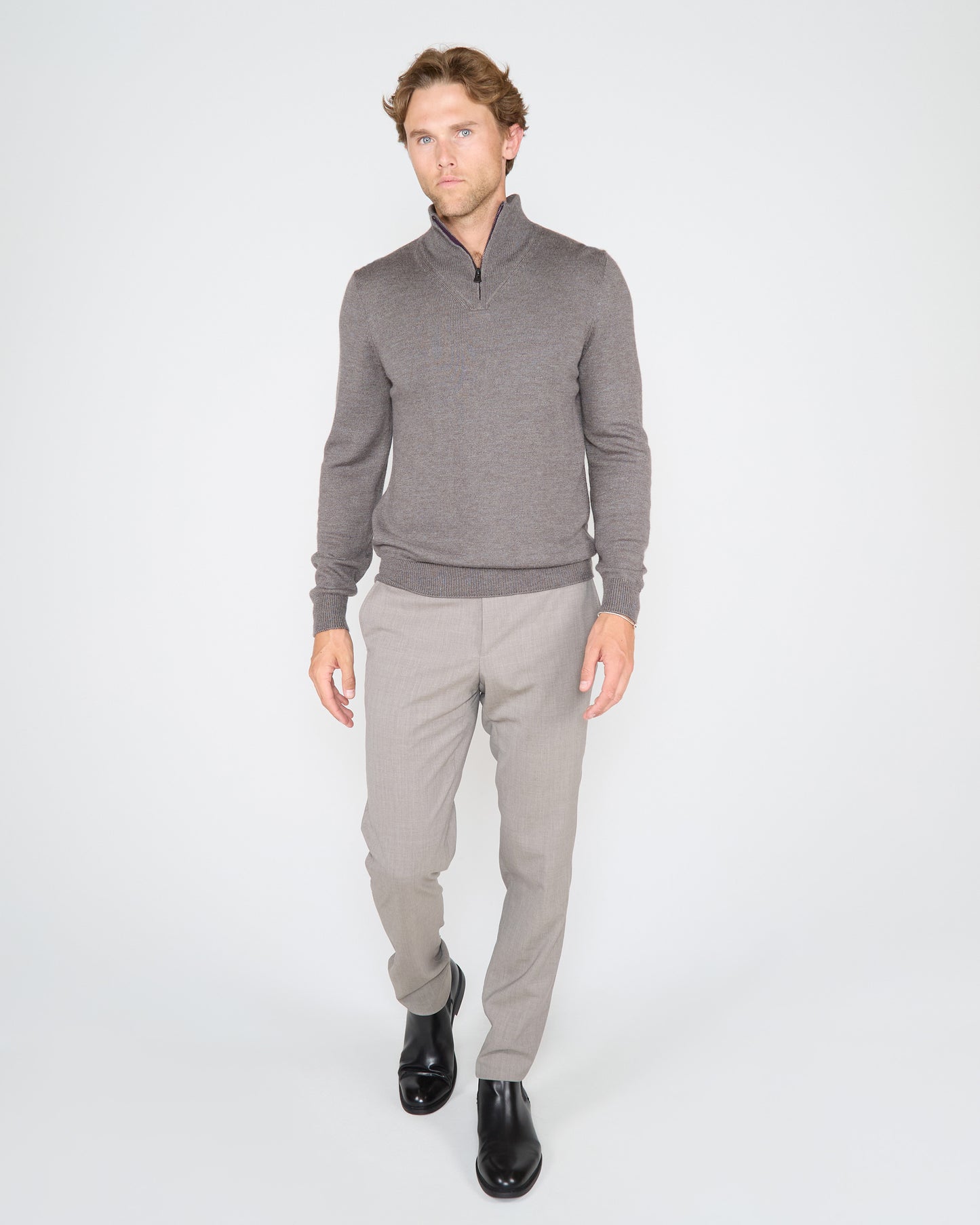 QUEST FULLY FASHIONED QUARTER-ZIP MERINO SWEATER - NAVY OLIVE TWIST