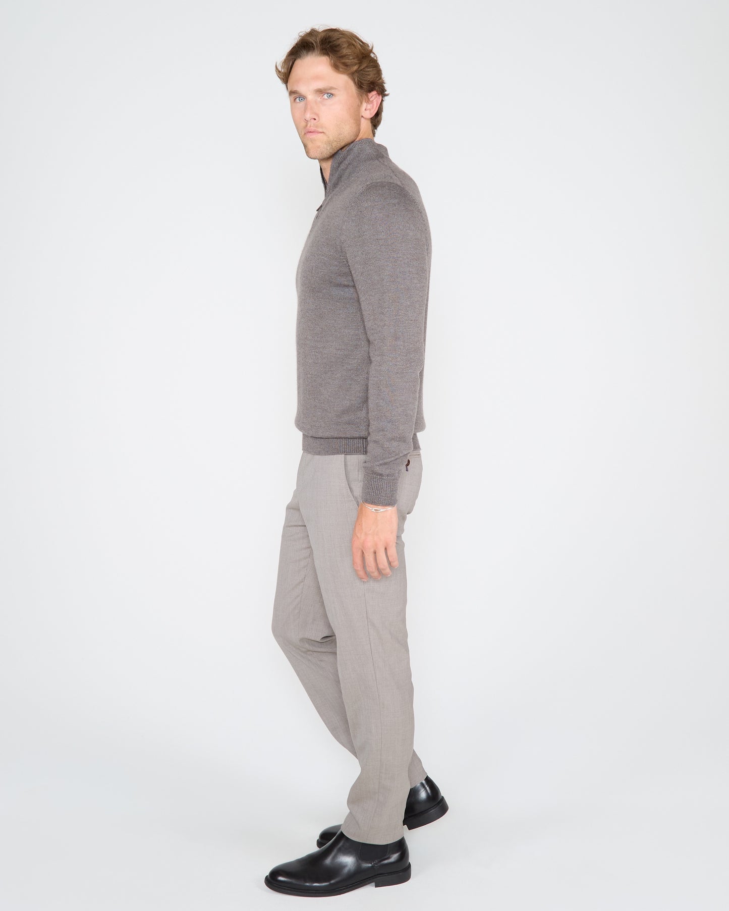 QUEST FULLY FASHIONED QUARTER-ZIP MERINO SWEATER - NAVY OLIVE TWIST