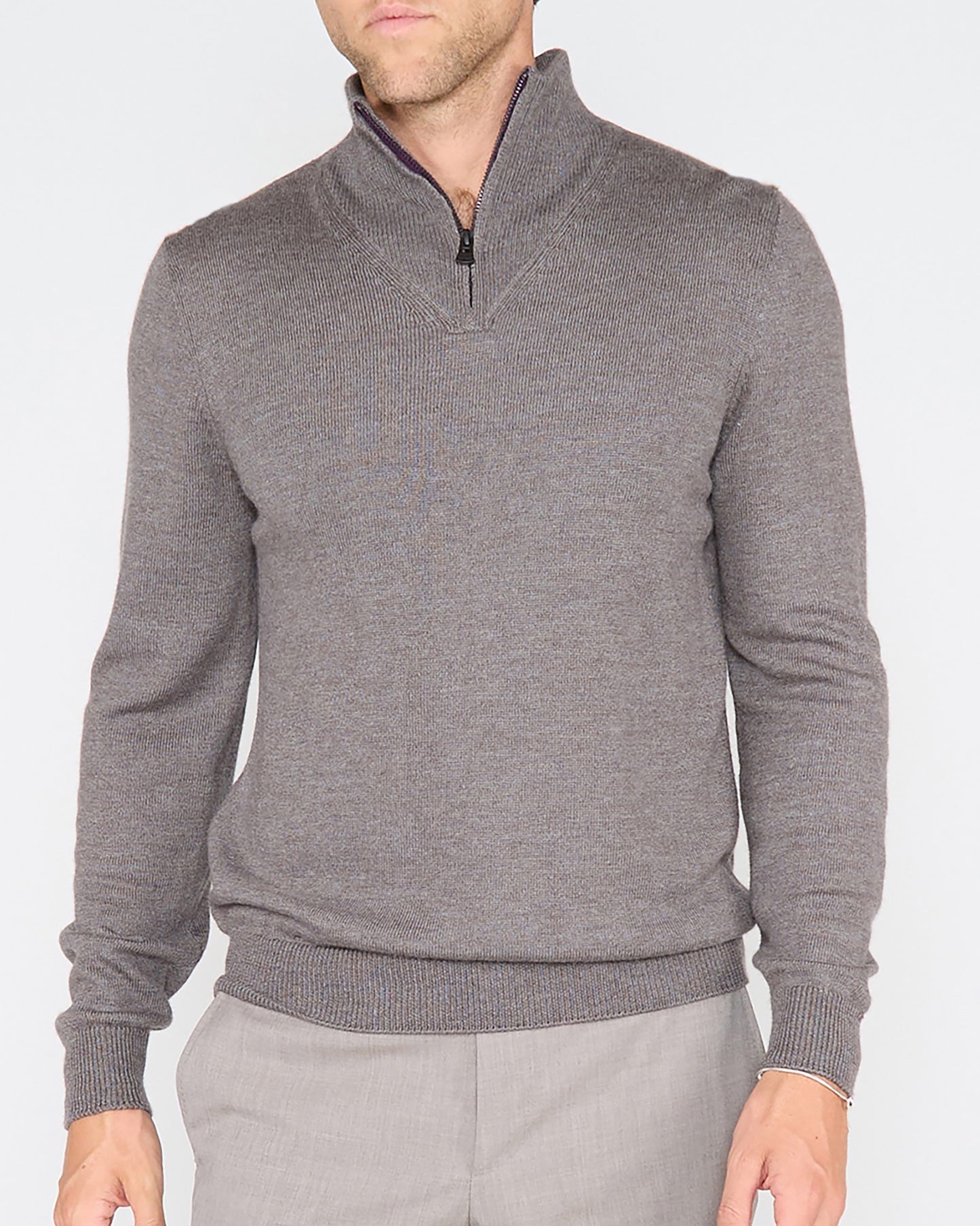 QUEST FULLY FASHIONED QUARTER-ZIP MERINO SWEATER - NAVY OLIVE TWIST