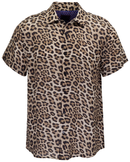 LANDON LEOPARD BROWN MENS LINEN BUTTON-UP SHIRT