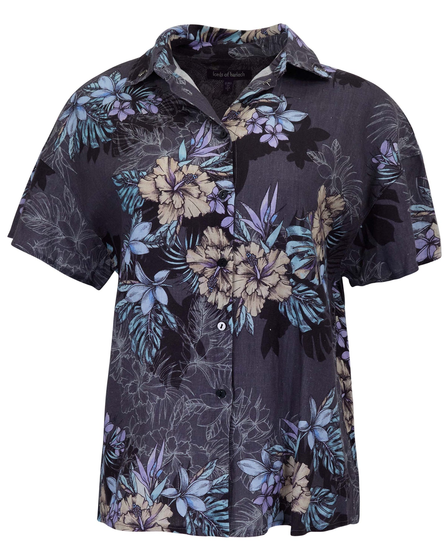 LARA EXOTIC FLORAL BLACK WOMEN'S RELAXED LINEN SHIRT