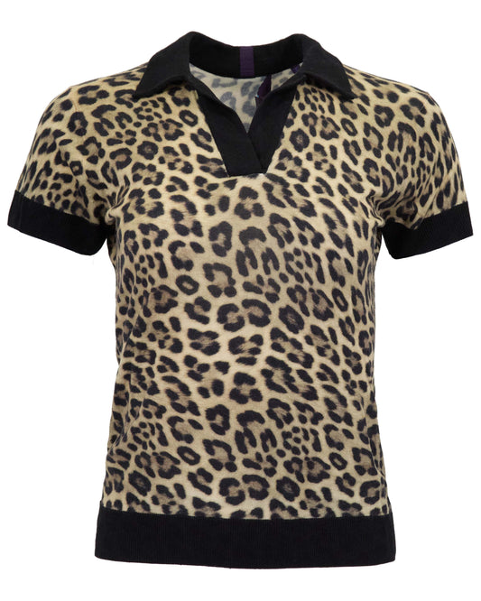JESSICA LEOPARD BROWN WOMENS MERINO SILK CASHMERE POLO