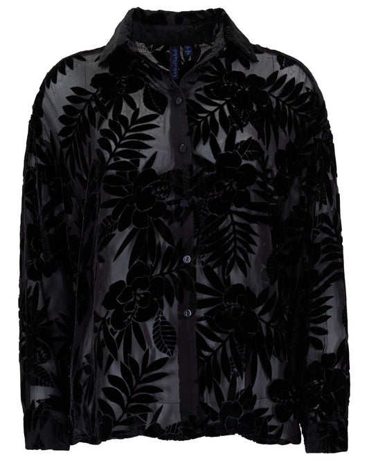 NADIA COUNTRY FLORAL VELVET DEVORE BLACK WOMENS SHIRT