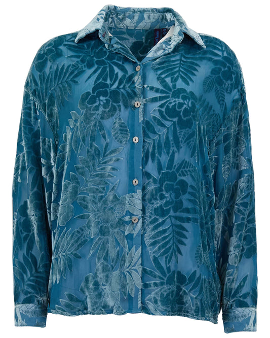 NADIA COUNTRY FLORAL VELVET DEVORE TEAL WOMENS SHIRT