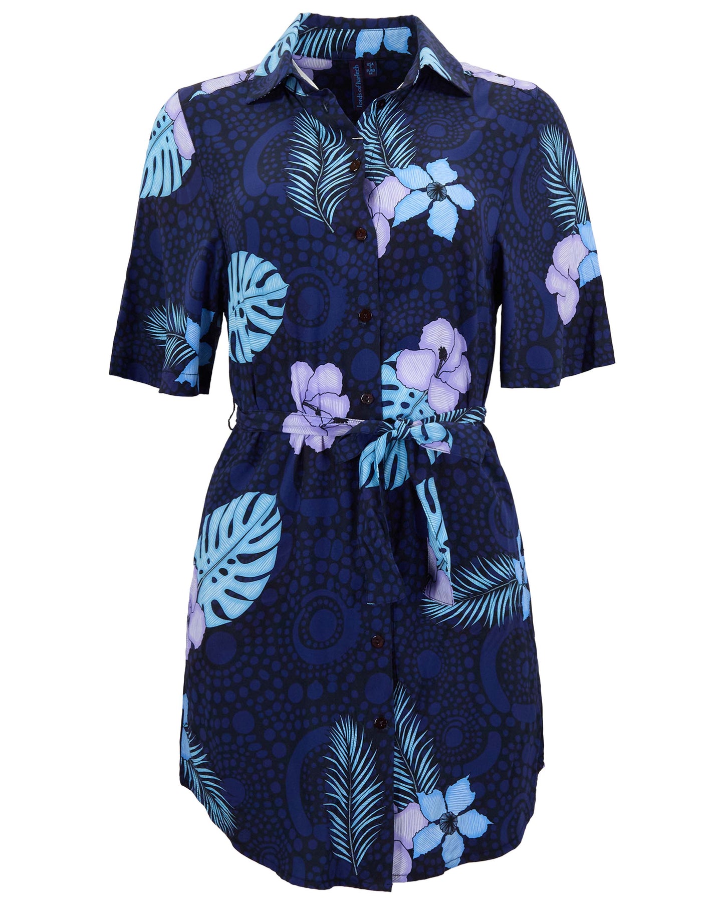 SERENA TROPICAL FANTASY NAVY WOMENS WRAP SHIRT DRESS