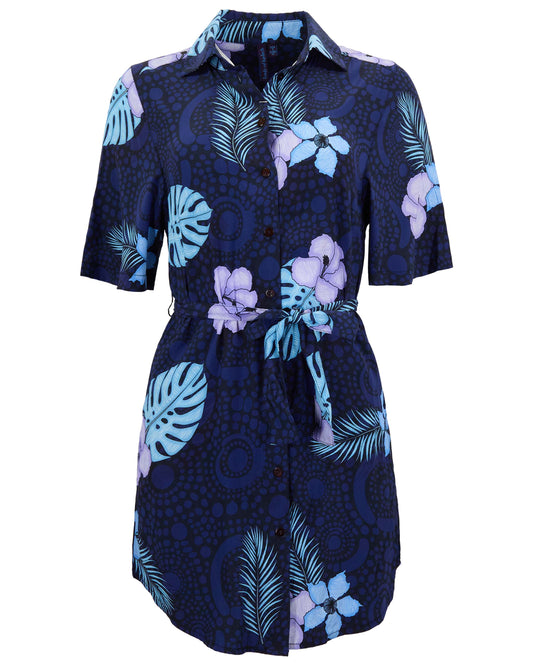 SERENA TROPICAL FANTASY NAVY WOMENS WRAP SHIRT DRESS