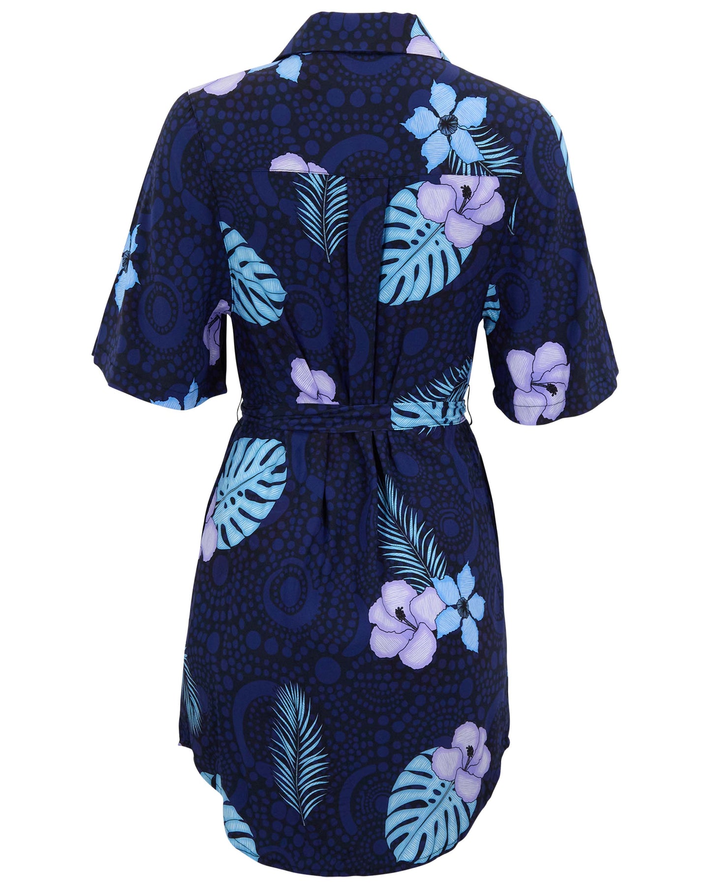 SERENA TROPICAL FANTASY NAVY WOMENS WRAP SHIRT DRESS