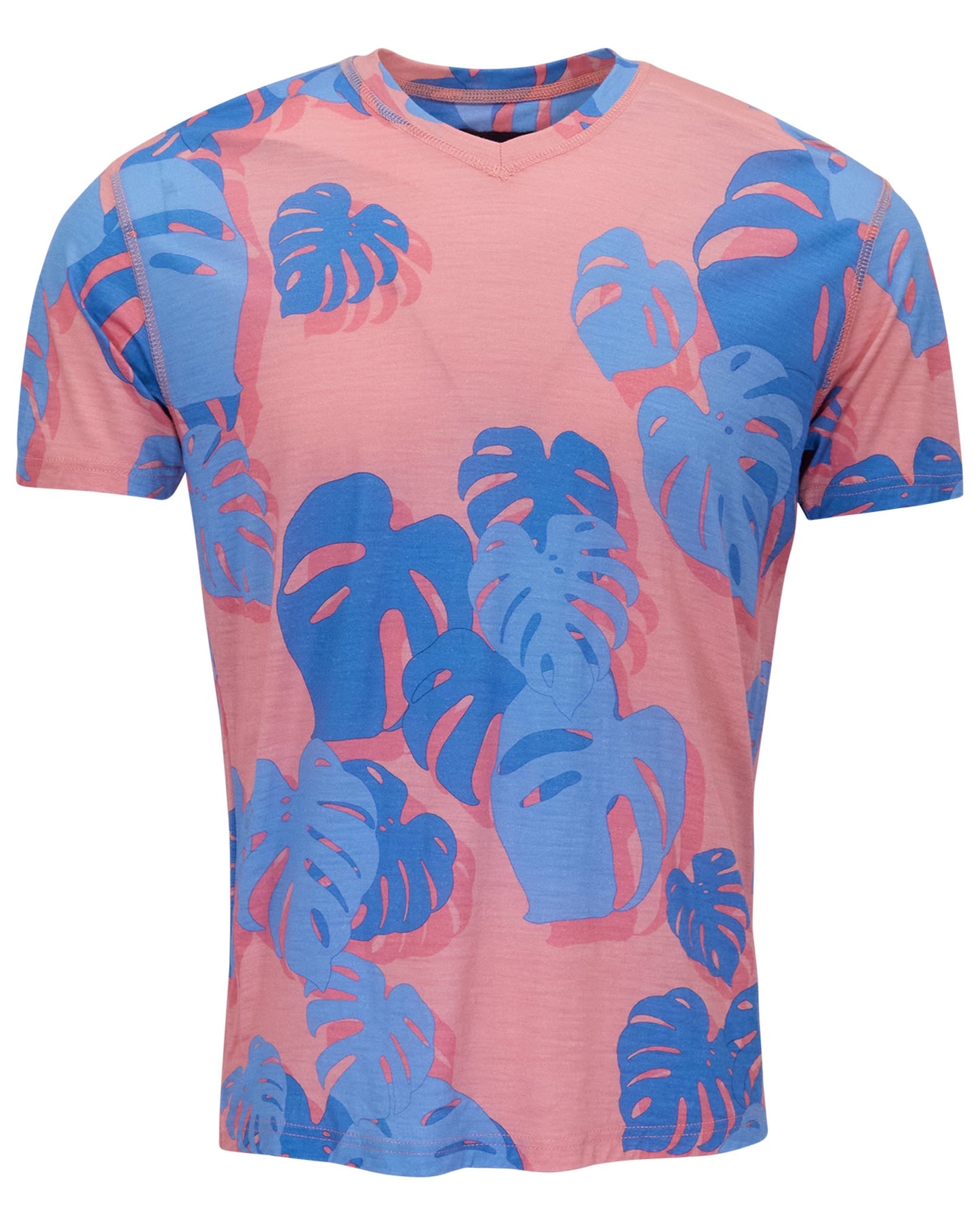 VICTOR MONSTERA FLORAL CORAL MENS WOOL VNECK TEE