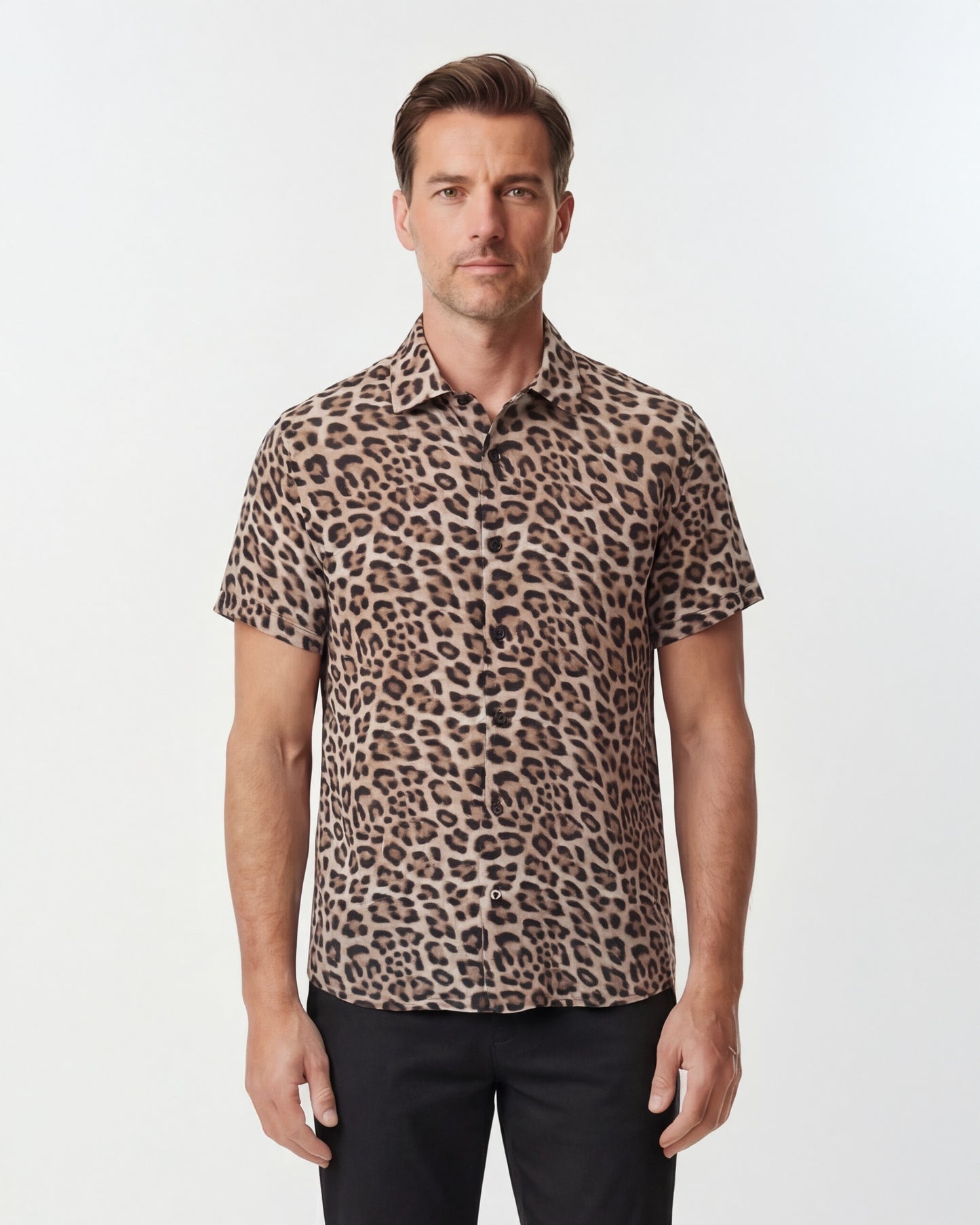 LANDON LEOPARD BROWN MENS LINEN SHIRT