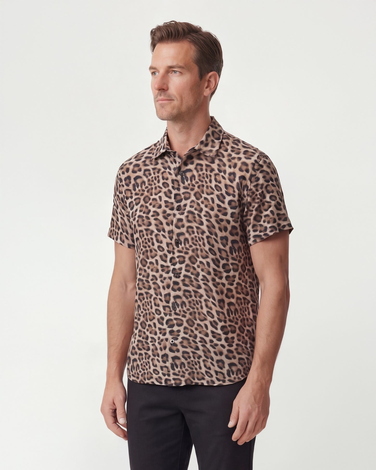 LANDON LEOPARD BROWN MENS LINEN SHIRT