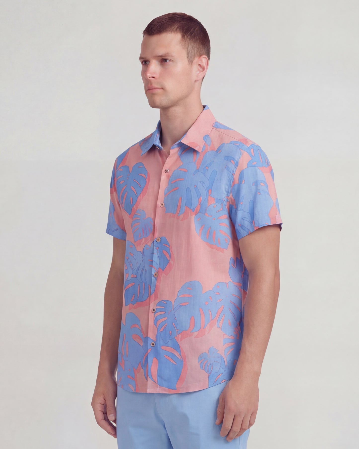 LANDON MONSTERA FLORAL CORAL MENS LINEN SHIRT