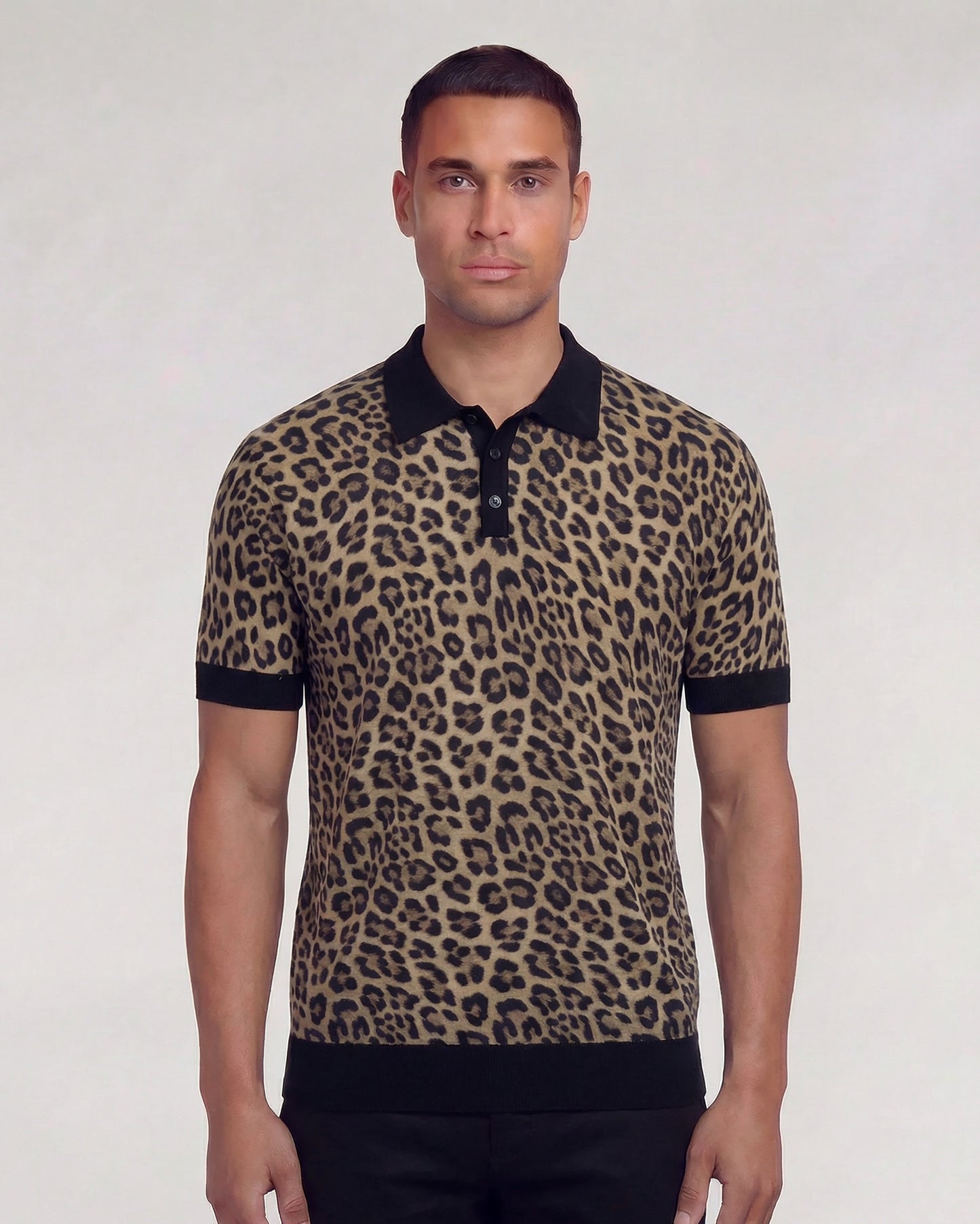 PILGRIM LEOPARD BROWN MENS MERINO SILK CASHMERE POLO