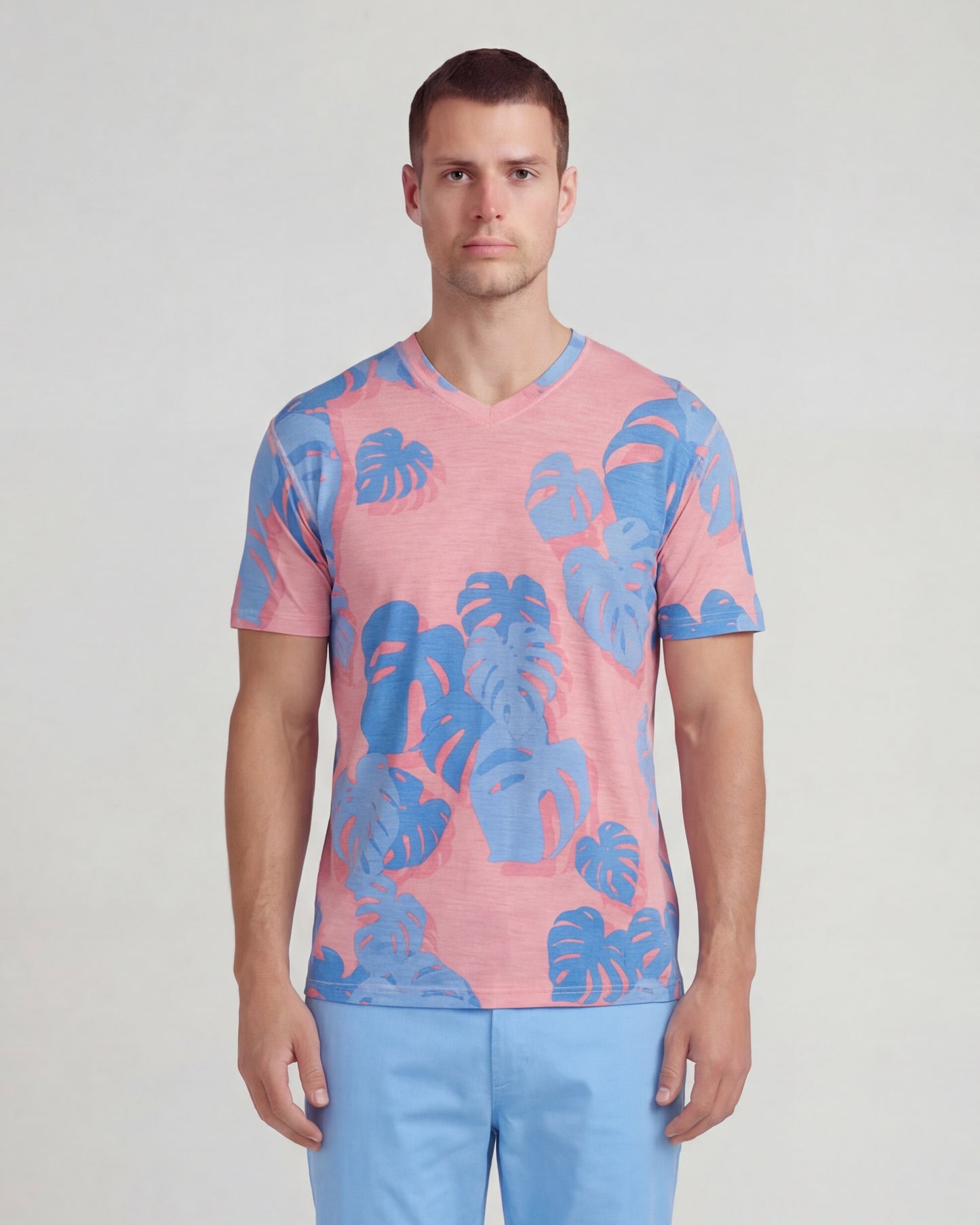 VICTOR MONSTERA FLORAL CORAL MENS WOOL VNECK TEE