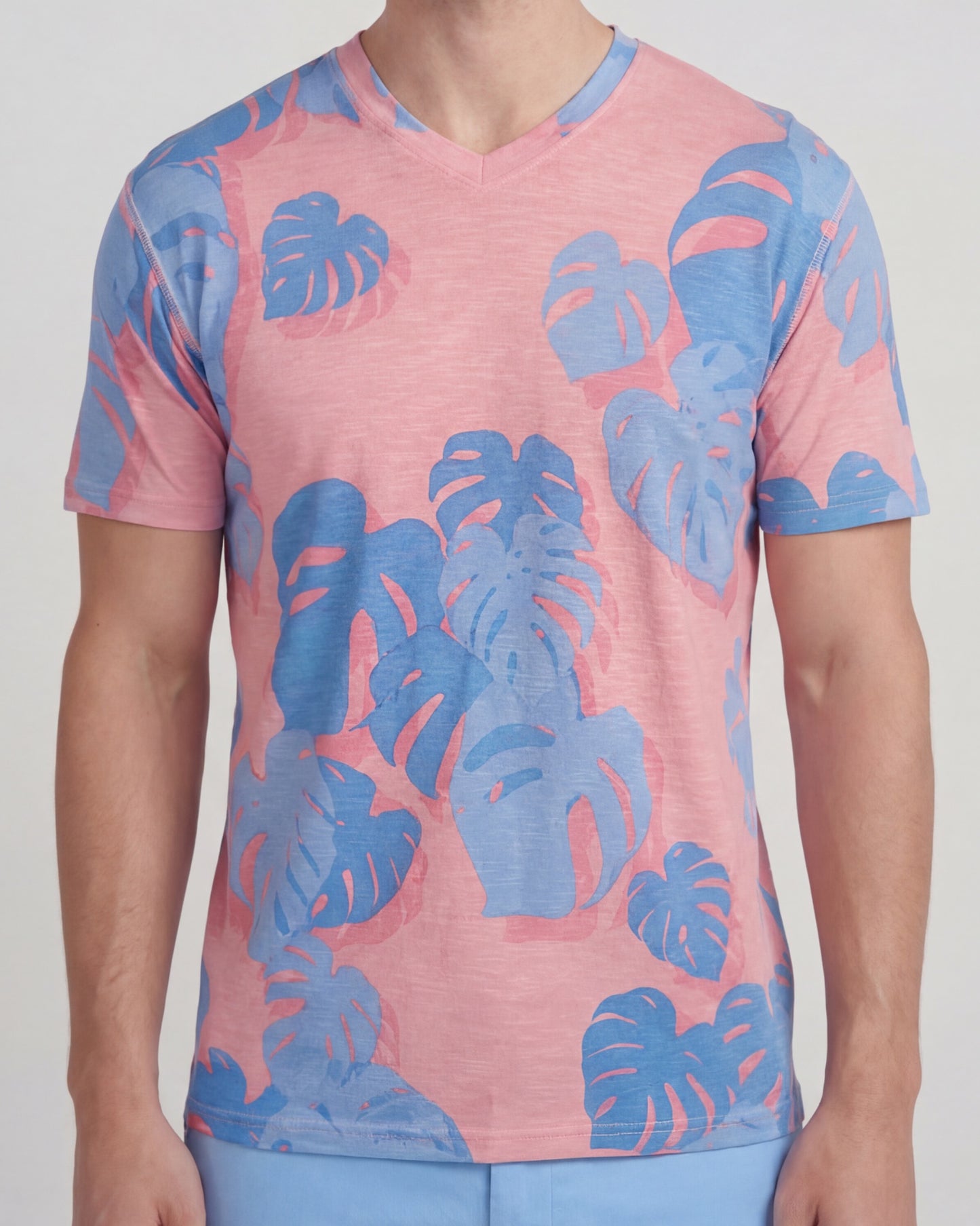 VICTOR MONSTERA FLORAL CORAL MENS WOOL VNECK TEE