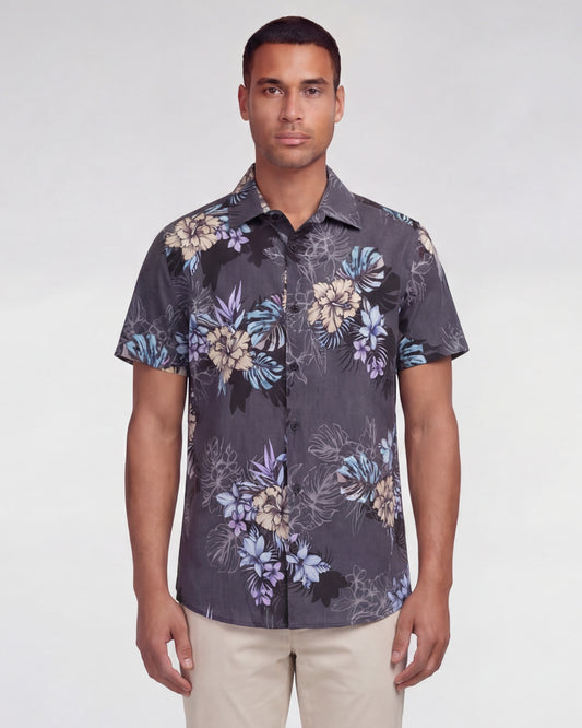 LOIC EXOTIC FLORAL BLACK MENS LINEN PRINTED SHIRT