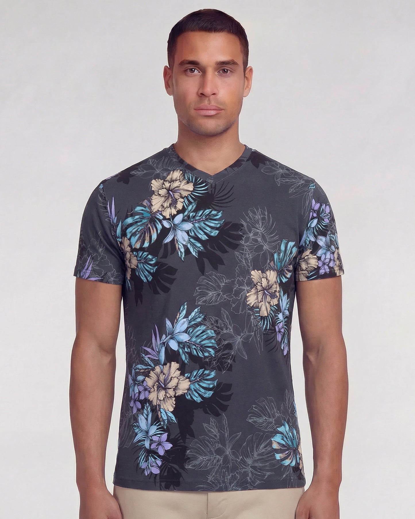 MAZE EXOTIC FLORAL BLACK MENS VNECK TEE