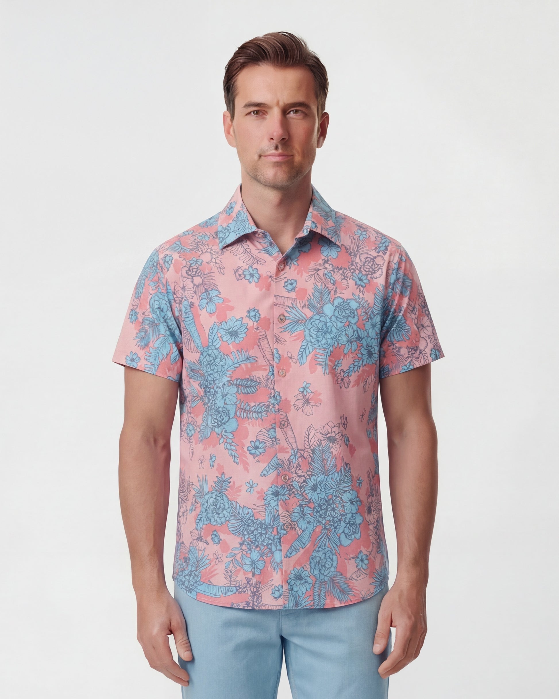 Lords of Harlech Men's MONO FLORAL Printed Button Up Shirt - Red Lords of Harlech Men's MONO FLORAL Printed Button Up Shirt - Red